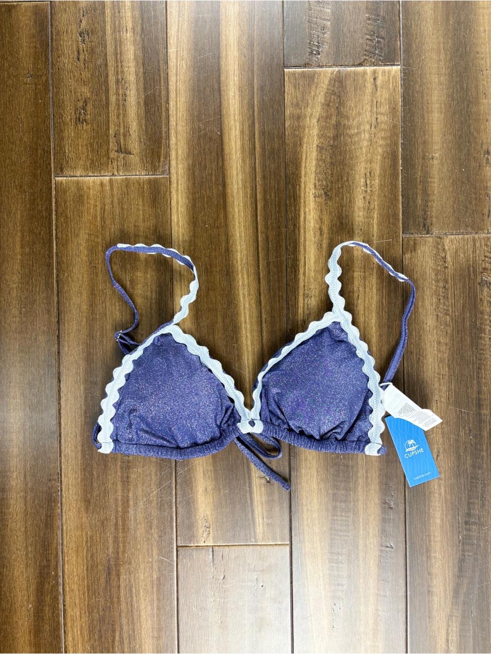 NWT Sz L TOP Dazzling Triangle Navy Blue and White Scalloped Bikini - Picture 5 of 10
